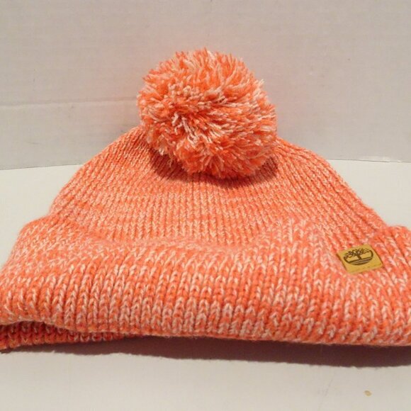 TIMBERLAND Women's Rose Of Sharon Marled Yarn Hat With Pom Pom NEW Orange Cuff - Picture 1 of 3